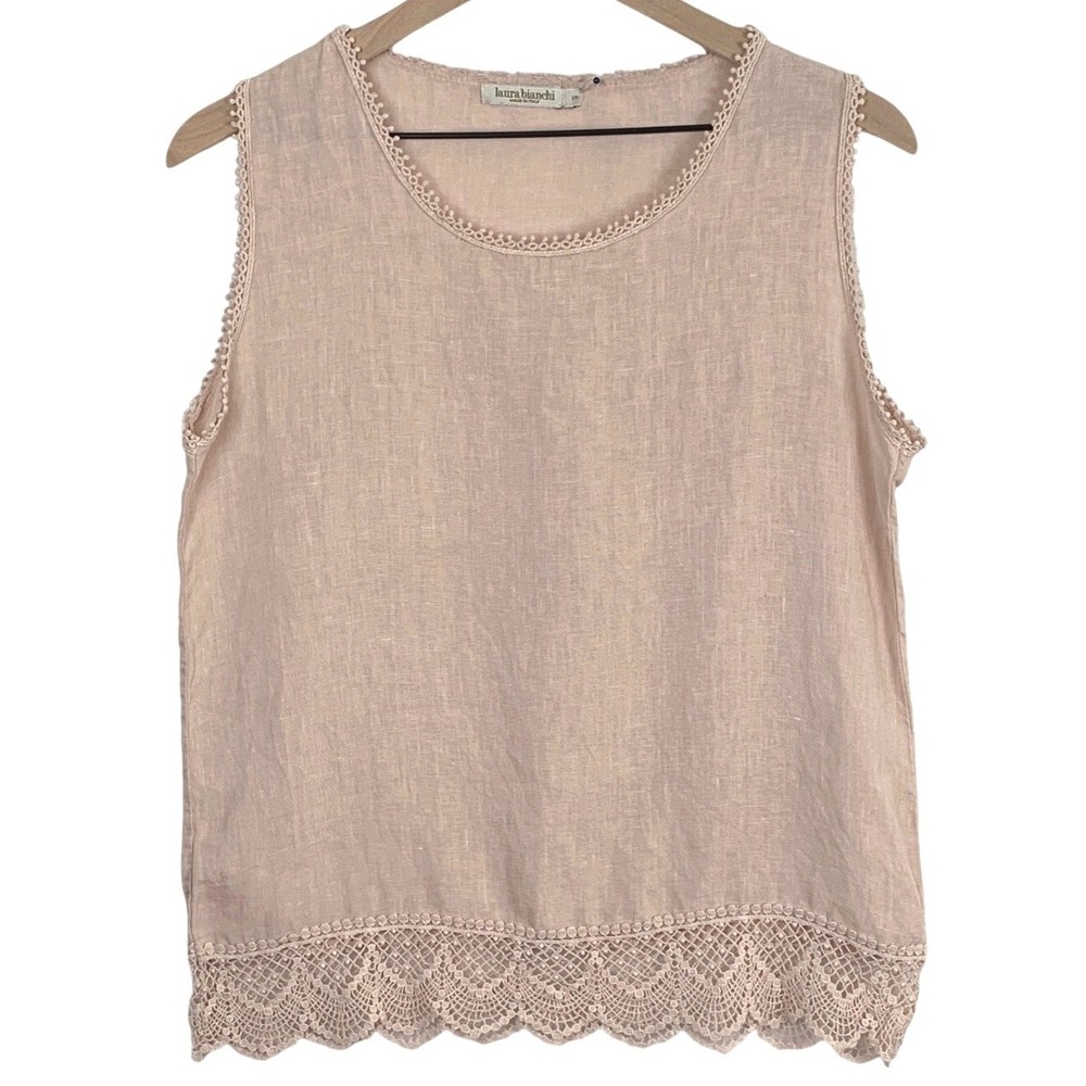 LAURA BIANCHI Italy Linen Crochet Lace Hem Pom Trim Sz S Dusty Pink